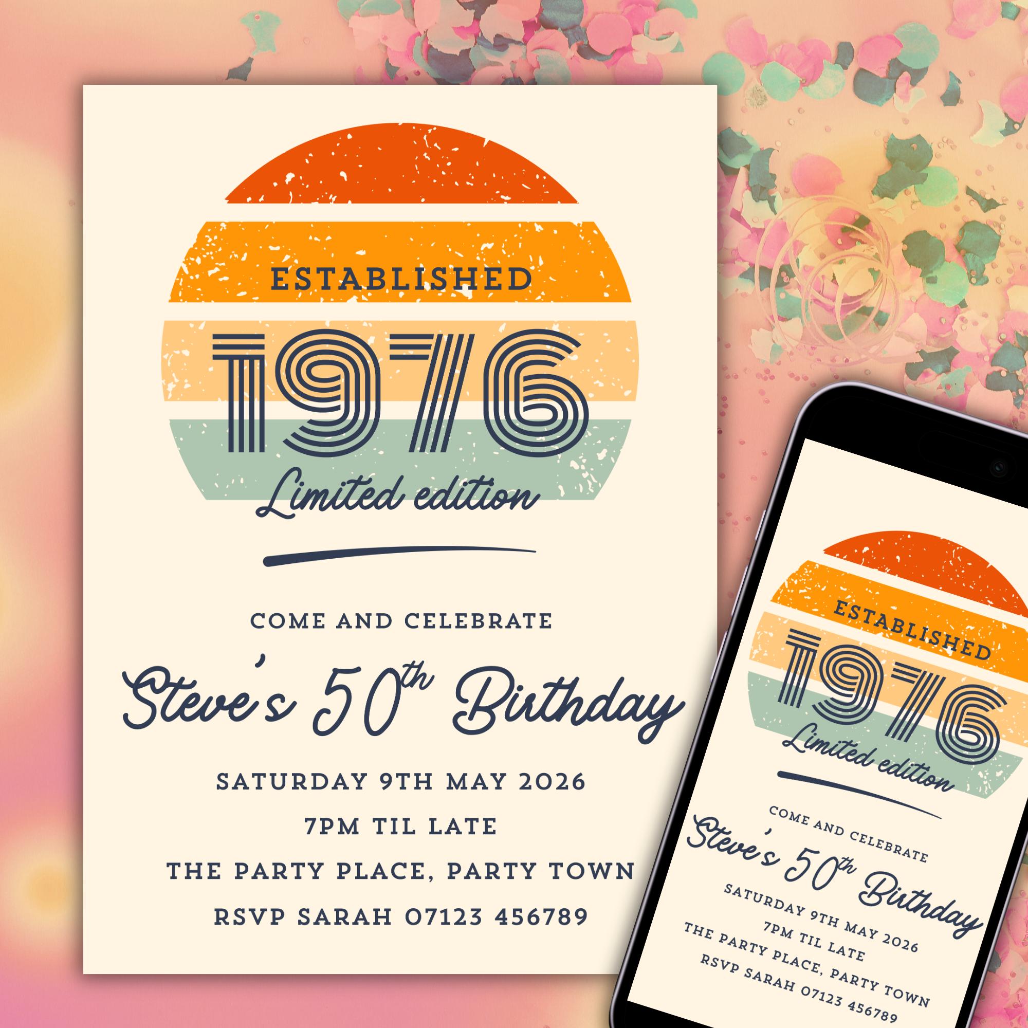 Retro 1976 50th Birthday Invitation Template